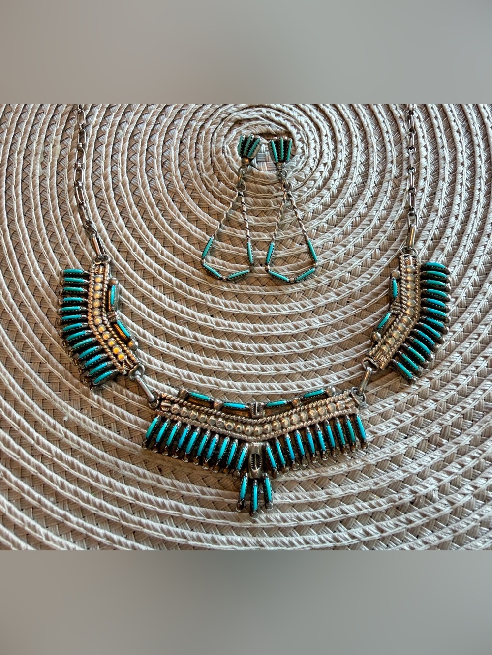 Zuni Needlepoint “Thunderbird” Necklace and Earrings